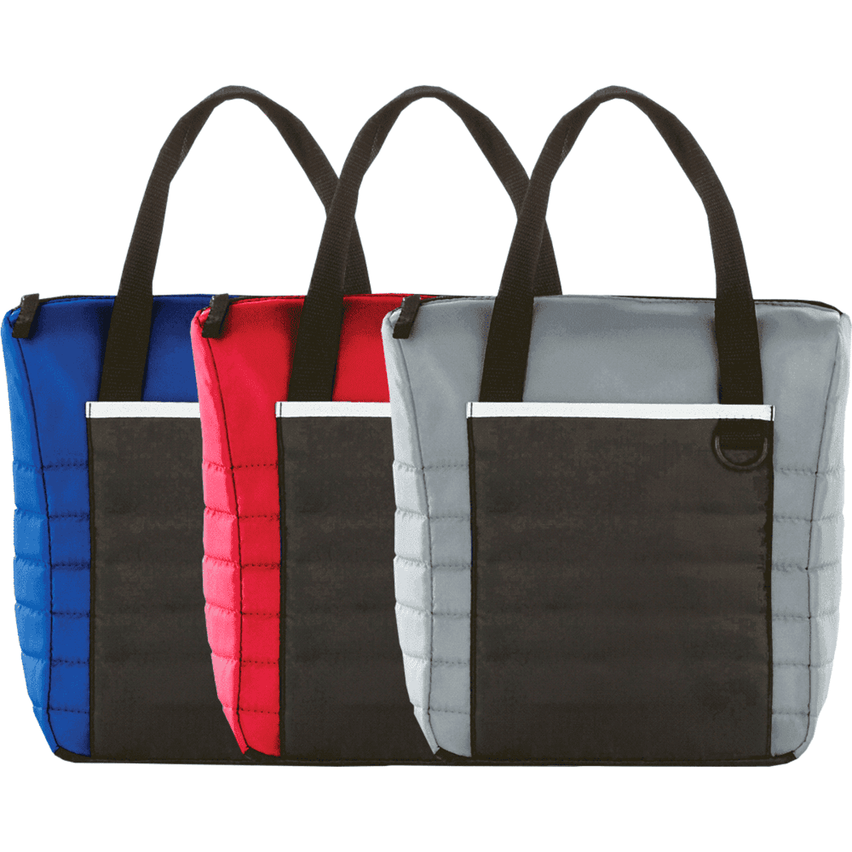 Three quilted tote bags in blue, red, and gray, each with black handles and a large black front pocket. They are evenly spaced and slightly overlap each other.