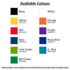 Color chart showing black, white, yellow, orange, red, purple, navy, royal blue, lime green, lt. blue, mid green.
