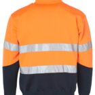 Back view of an orange and navy jacket with reflective silver safety stripes.