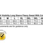 Size chart for men’s high-visibility fleecy sweat, showing chest and body length measurements.