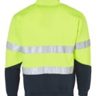Back view of a yellow high-visibility jacket with silver reflective stripes and black lower sleeves.