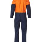 Back view of a two-tone orange and navy blue work coverall.