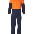 Long-sleeve orange and navy blue coverall with chest pockets, displayed on a white background.