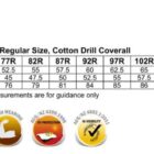 Size chart for SW204 mens coverall with measurements and certification icons shown.