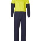 Long-sleeve high-visibility yellow and navy blue coveralls with front chest pockets.