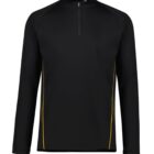 Black long-sleeve athletic pullover with a zip-up collar and yellow side accents.