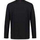 Back view of a long-sleeve black jacket with a small red detail near the collar.