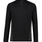 Black long-sleeve athletic shirt with a front zipper and subtle white side accents.