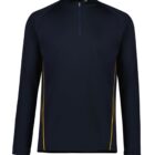 Navy blue long-sleeve pullover with yellow side stripes and quarter-zip front.