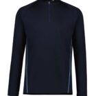 Navy blue long-sleeve athletic shirt with a quarter zipper and light blue side accents.