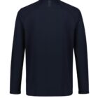 Back view of a plain long-sleeve navy blue shirt with a collar.