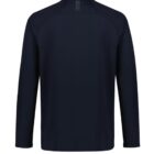 Back view of a plain long-sleeve navy blue shirt with small dots near the collar.