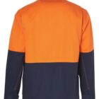 Back view of a long-sleeve jacket with orange top and dark blue bottom sections.