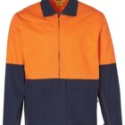 Orange and navy blue work jacket with front zipper and large pockets.