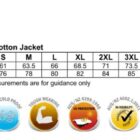Sizing chart for SW45 Hi-Vis Cotton Jacket with icons for features and certifications.