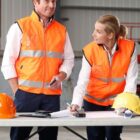 Two construction workers in orange vests stand at a table with plans and hard hats.