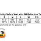 Size chart for high visibility safety vest with body and chest measurements in centimeters.