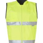 Yellow safety vest with silver reflective stripes, front view, unzipped.