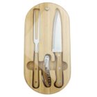 Wooden case with a chef’s knife, meat fork, and corkscrew under a clear cover.