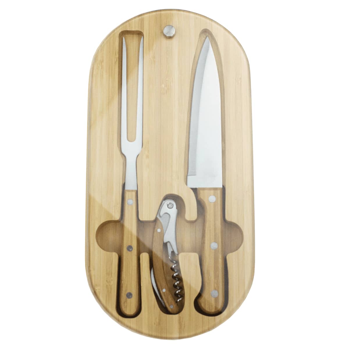 tk1055_2024104 Wooden case with a chef’s knife, meat fork, and corkscrew under a clear cover.