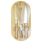 Wooden board with a carving fork, chef’s knife, and corkscrew in a gift set display.
