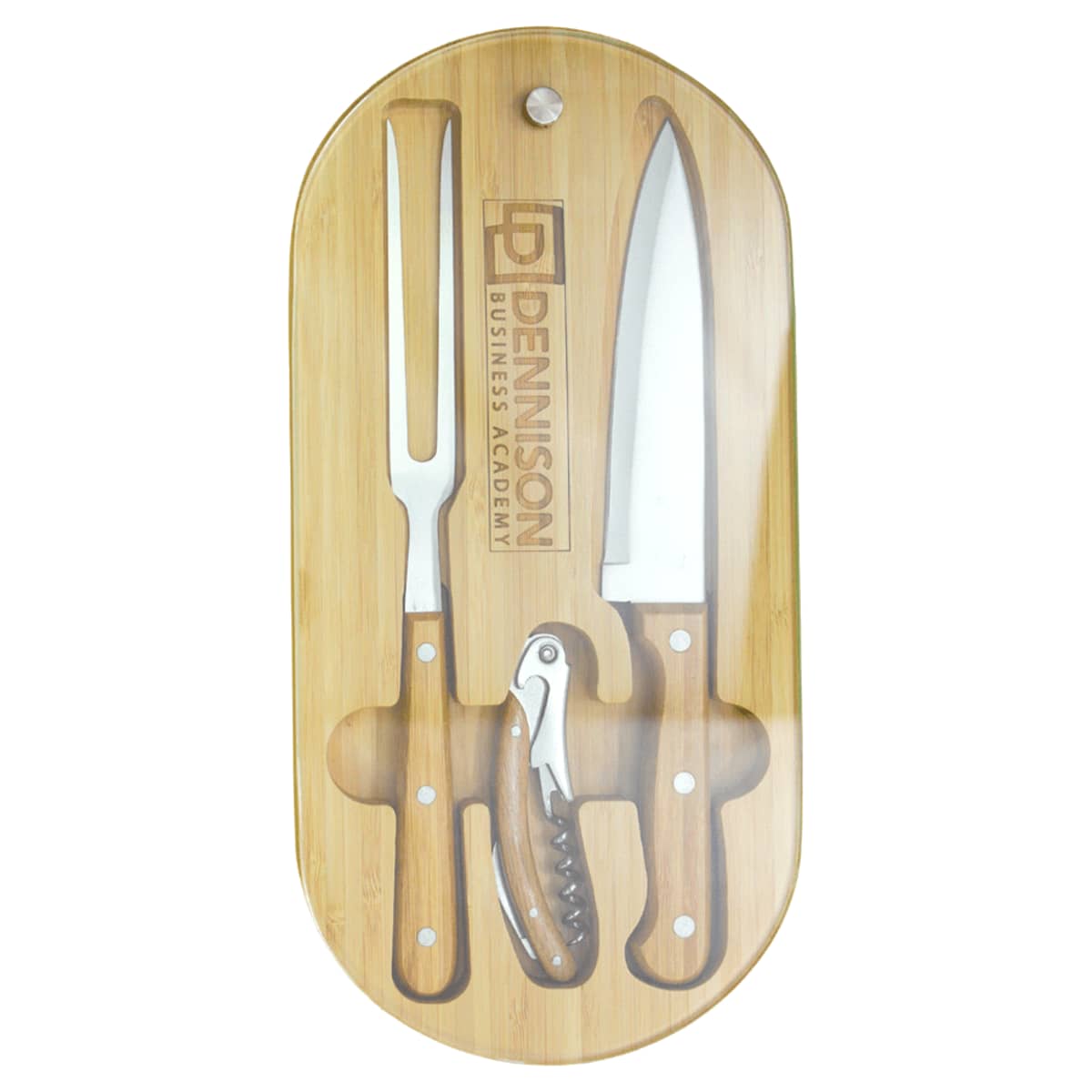 Wooden board with a carving fork, chef’s knife, and corkscrew in a gift set display.