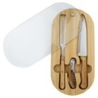 Knife, fork, and corkscrew set in a wooden case with a clear sliding lid.