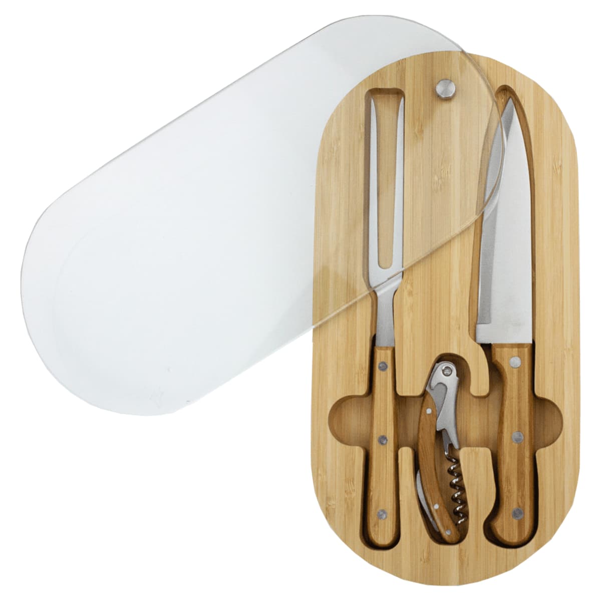 Knife, fork, and corkscrew set in a wooden case with a clear sliding lid.