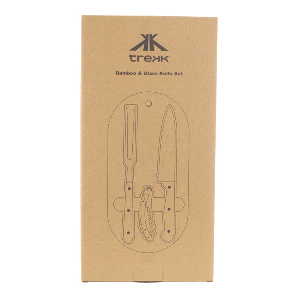 Brown box labeled Bamboo & Glass Knife Set with outline drawings of utensils on front.