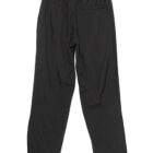 Black drawstring pants with elastic cuffs and a single back pocket, laid flat.