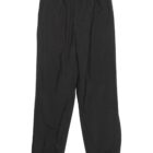 Black drawstring track pants with elastic cuffs, displayed on a white background.