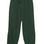 Dark green elastic-waist track pants with drawstring and side pockets, laid flat.