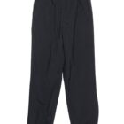 Black elastic waist jogger pants with side pockets laid flat on a white background.