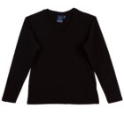 Black long-sleeve V-neck shirt laid flat on a white background.