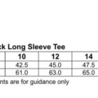 Size chart for ladies’ V-neck long sleeve tee; chest and body length for sizes 8-18 shown.