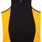 Sleeveless sports tank top with black center and yellow side panels, laid flat.