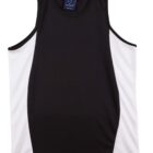 Sleeveless black athletic tank top with white side panels, laid flat on a white surface.