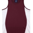 Sleeveless maroon sports tank top with white side panels, laid flat.