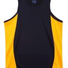 Sleeveless black sports jersey with yellow side panels, laid flat on a white background.