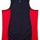 Sleeveless black tank top with red side panels, laid flat on a white background.