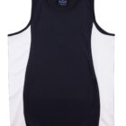 Sleeveless black and white athletic tank top laid flat on a white background.