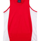 Sleeveless red and white athletic tank top laid flat on a white background.