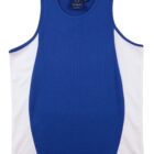 Blue sleeveless athletic shirt with white side panels, laid flat on a white background.