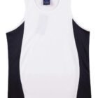 White sleeveless athletic tank top with black side panels, laid flat on a white background.