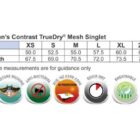 Size chart and feature icons for a mens mesh singlet with UPF 30+ and TrueDry fabric.
