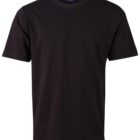 Plain black short-sleeve crew neck t-shirt on a white background.
