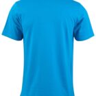 A plain, short-sleeve blue t-shirt viewed from the back.