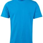 Plain bright blue short-sleeve t-shirt on a white background.