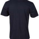 Back view of a plain black short-sleeve T-shirt against a white background.