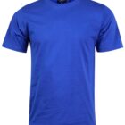 Plain blue short-sleeve crew neck t-shirt on a white background.